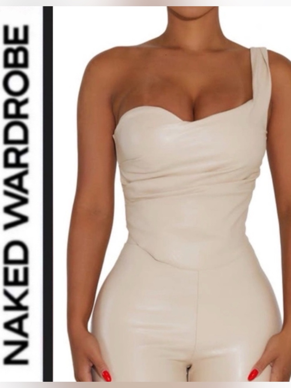 Naked Wardrobe 🤍🤎 Women's Faux-Ever Leather One-Shoulder Corset Top Beige| XS
